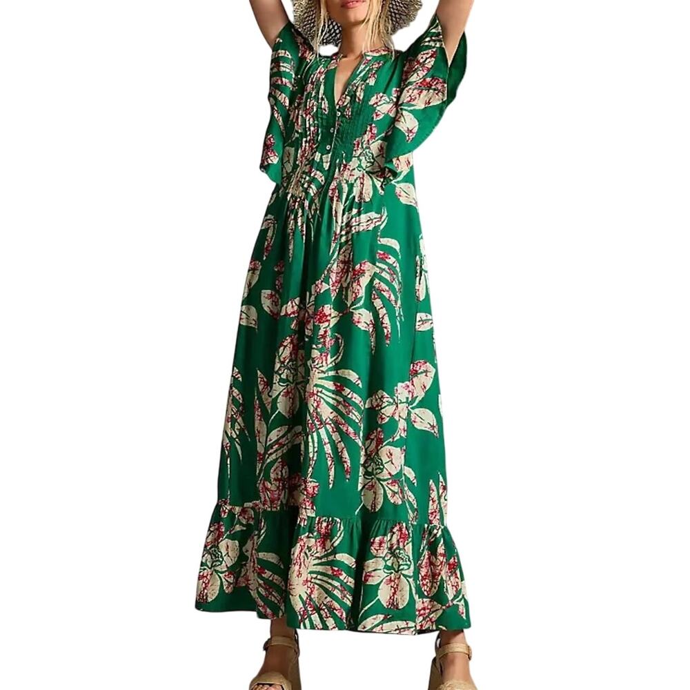 Anthropologie (S) Maeve Green Tropical Floral Flutter Sleeve Maxi Dress Dopamine